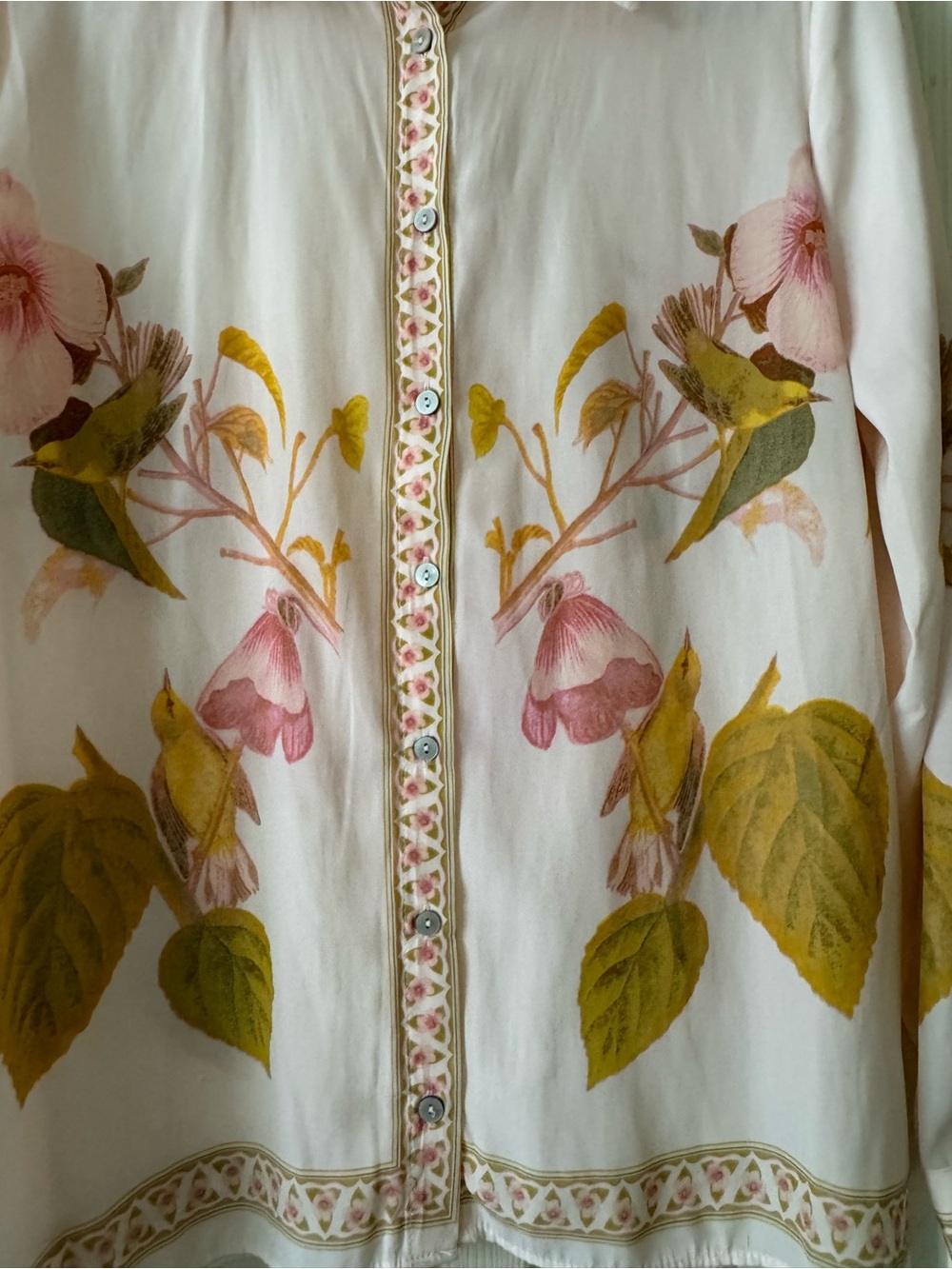 Rose & Olive Pink Floral Button-Down Blouse with Yellow Leaf Motif - Picture 4 of 9